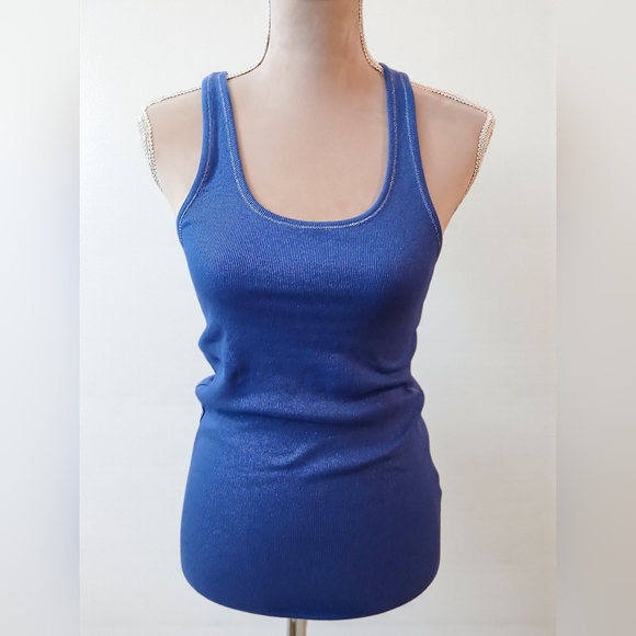 Mudd Blue Silver Trim Racerback Scoop Neck Sleeveless Metallic Ribbed Large - Picture 1 of 9
